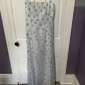 Elegant Blue Floral Backless Dress